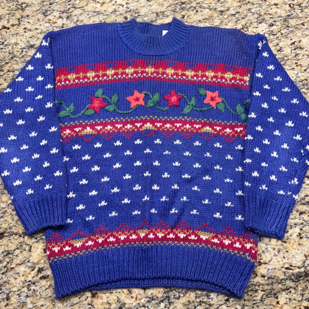 Vintage Jordache Blue Fair Isle Embroidered Floral Knit Sweater Large Women 90s
